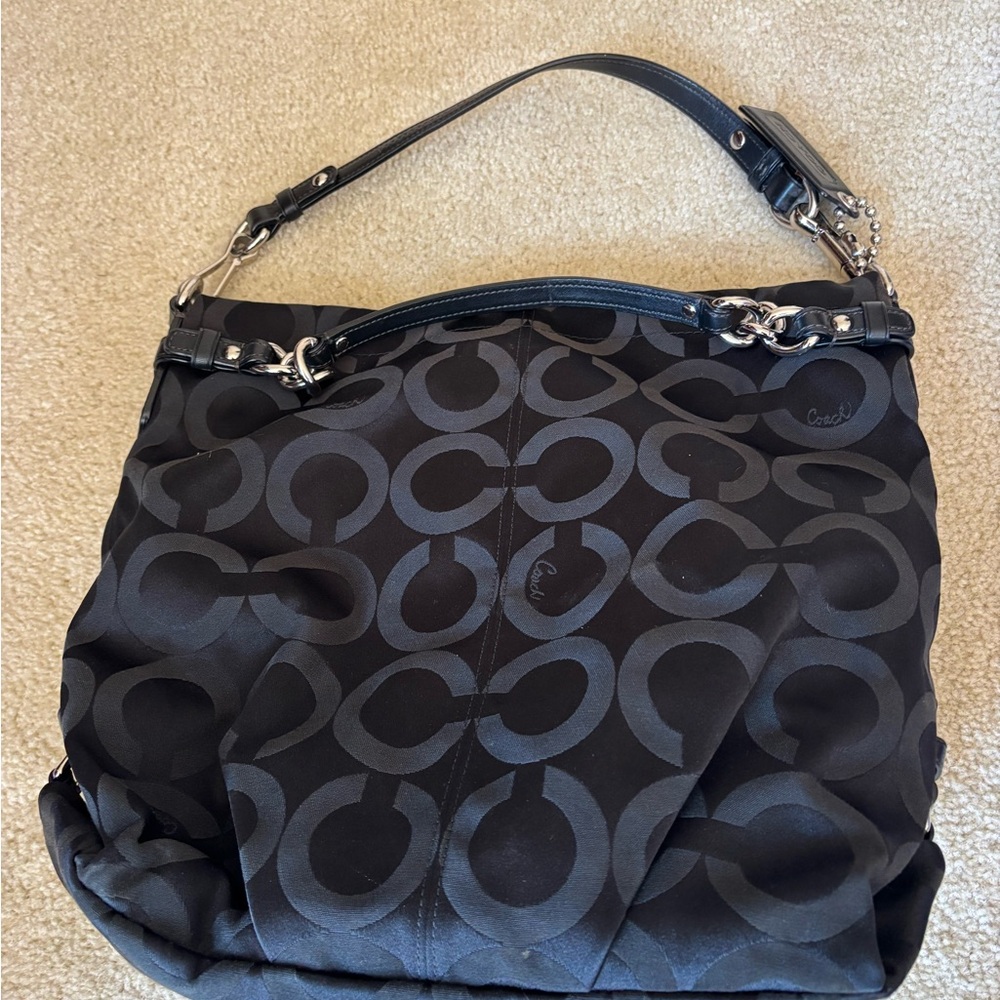 Coach Black Signature Jacquard Shoulder Bag with Leather Trim